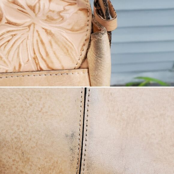 Patricia Nash Tan‎ Leather Rosolini Floral Tooled Buckle Crossbody Saddle Bag - Picture 7 of 9